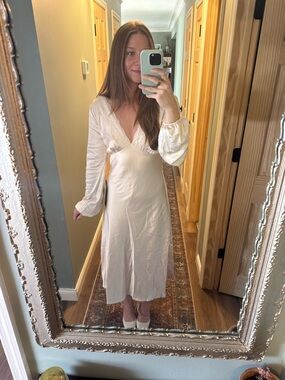 Lulu's Cream Satin Backless Maxi Dress with Lace Trim